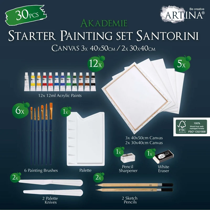 30tlg. Artina Malset Santorini mit 5x Keilrahmen, Pinselset, Acrylfarbe uvm.