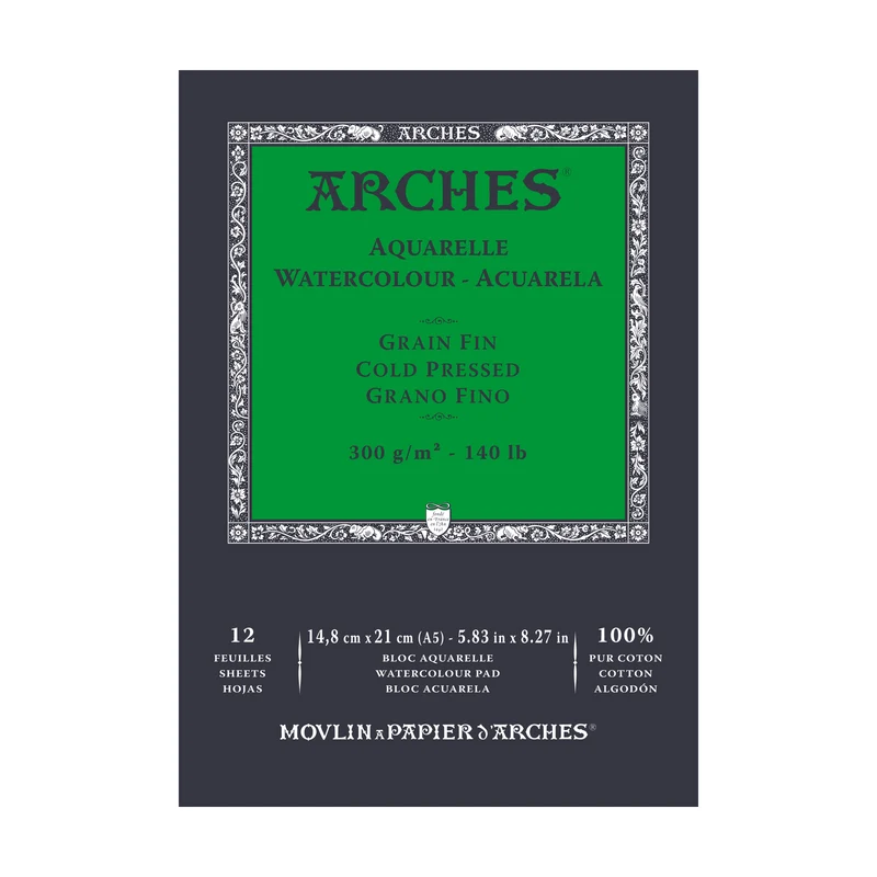 ARCHES Aquarellblock feinkorn naturweiß 300 g/m² - 12 Blatt A5 – A3