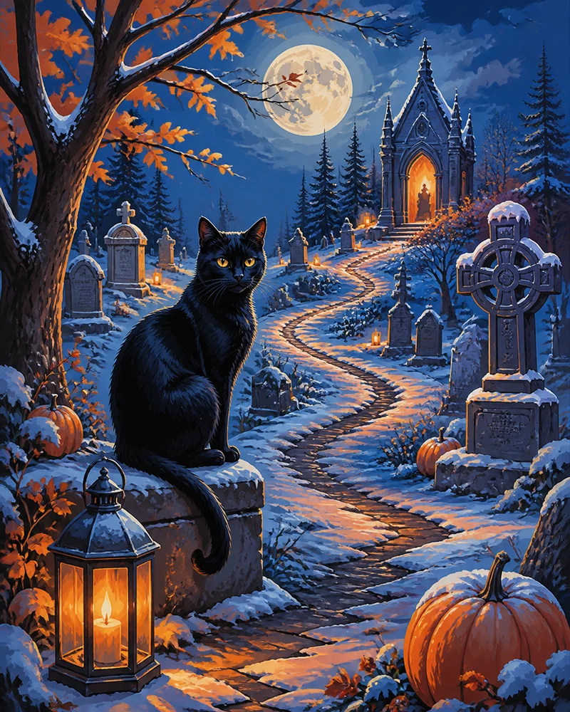 Malen nach Zahlen – Die schwarze Katze im Winterfriedhof