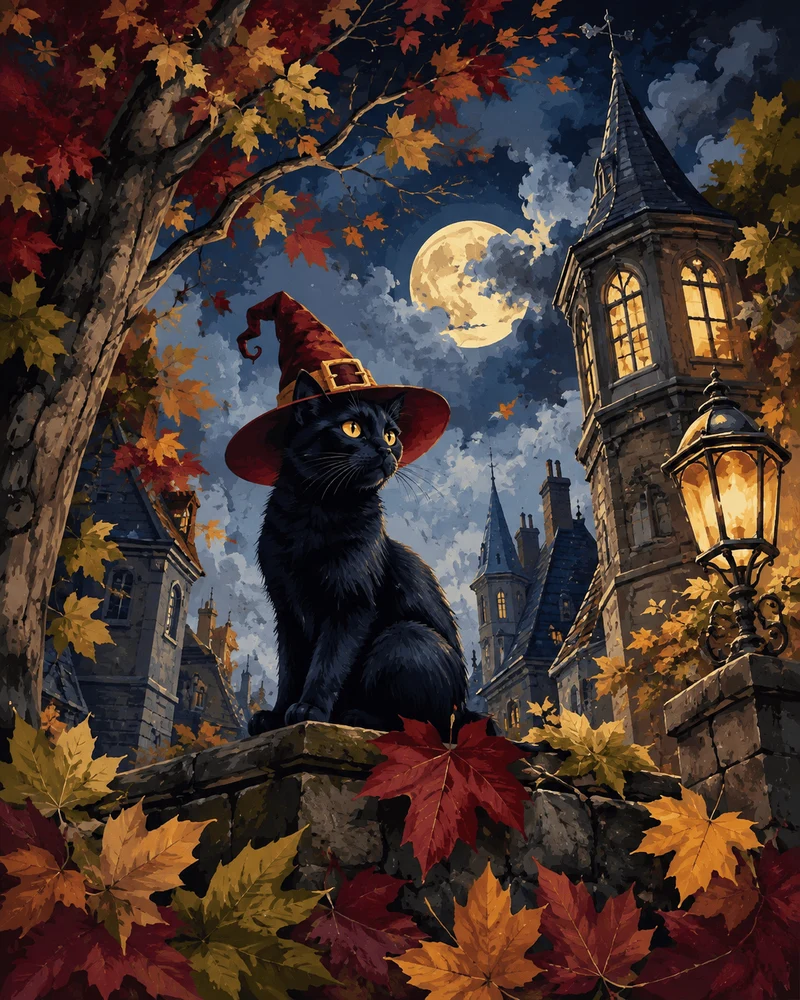 Malen nach Zahlen – Hut, Katze und Herbstlaub