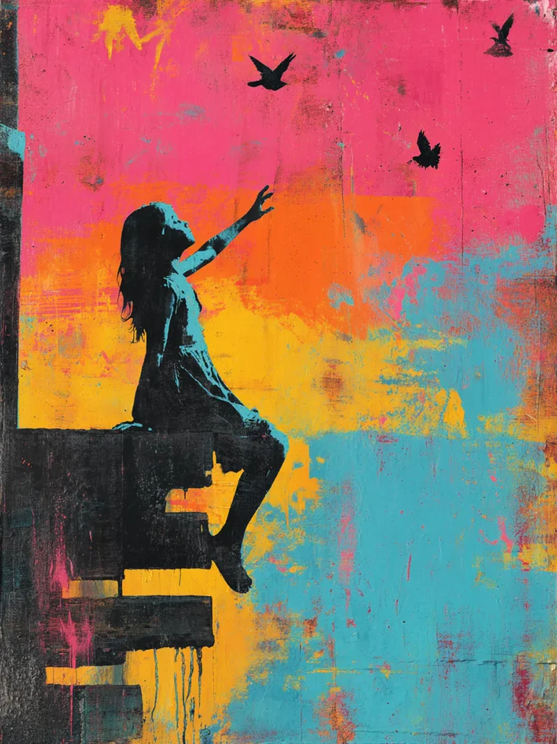 Diamond Painting Banksy farbenfroh – Mädchen mit Vögeln