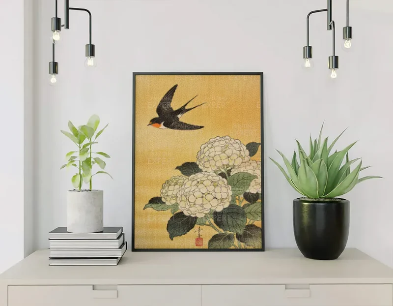 Diamond Painting Schwalbe über weißen Hortensien Japan