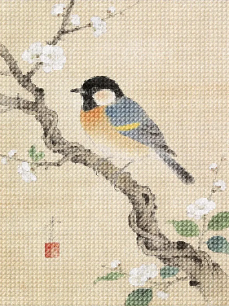 Diamond Painting Kohlmeisen auf einem blühenden Zweig von Ohara Koson Japan
