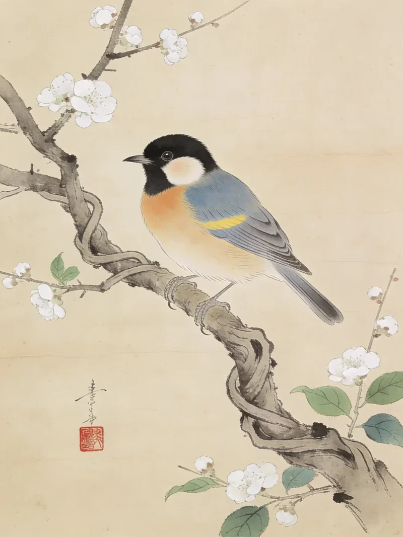 Diamond Painting Kohlmeisen auf einem blühenden Zweig von Ohara Koson Japan