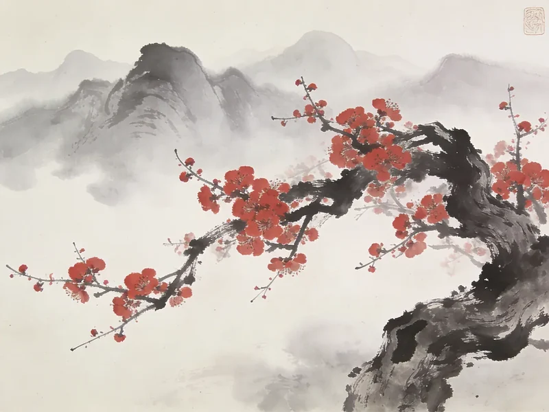 Diamond Painting Kirschblüten vor nebelverhangenen Berggipfeln – Japandi-Panorama Japan