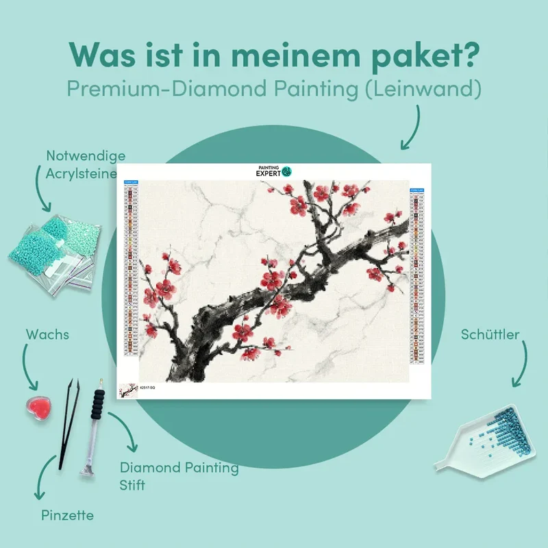 Diamond Painting Tintenzweig mit roter Blüte Japan