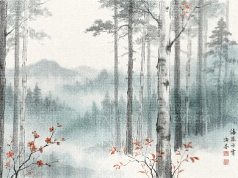 Diamond Painting Birkenwald im Nebel mit roten Akzenten Japan