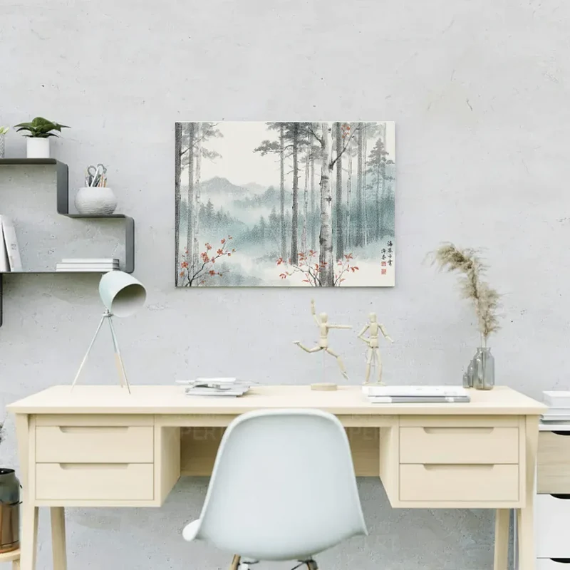 Diamond Painting Birkenwald im Nebel mit roten Akzenten Japan