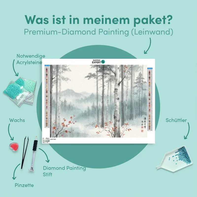 Diamond Painting Birkenwald im Nebel mit roten Akzenten Japan