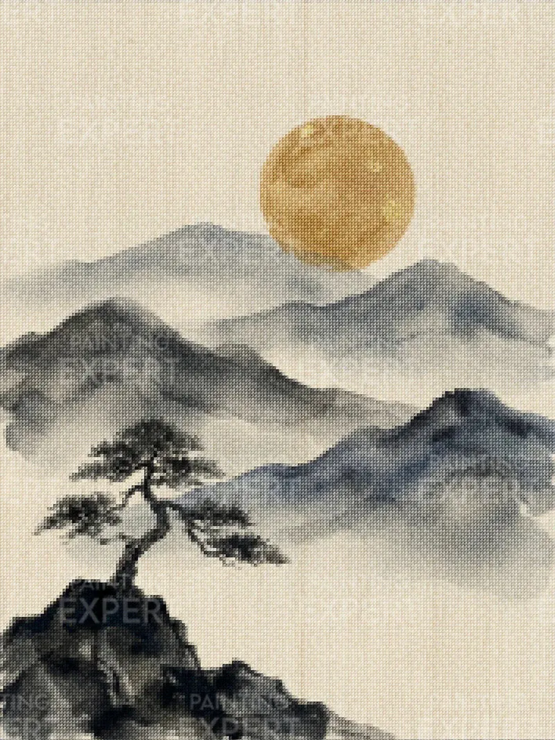 Diamond Painting Berge in Tinte mit goldenem Mond Japan