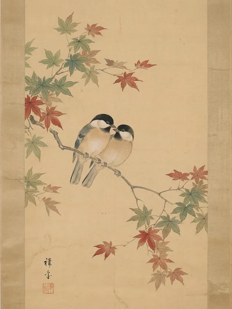 Malen nach Zahlen Zwei Vögel zwischen Ahornblättern (Herbst) Japan