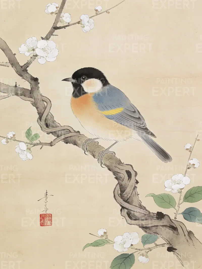 Malen nach Zahlen Kohlmeisen auf einem blühenden Zweig von Ohara Koson Japan