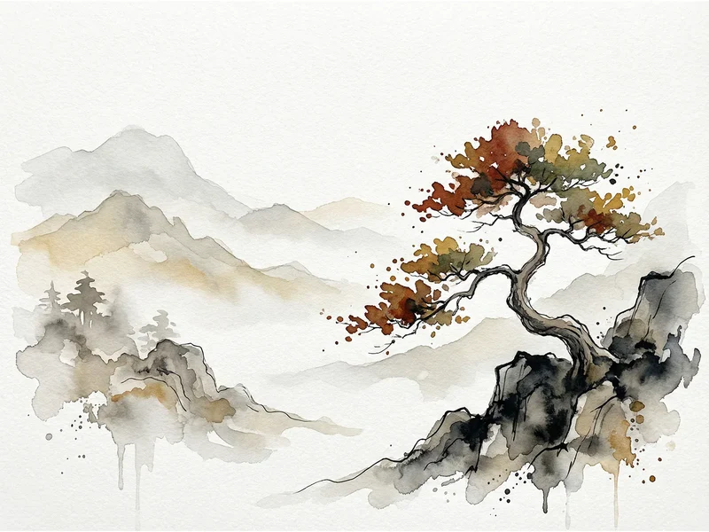 Malen nach Zahlen Einsamer Baum in einer Berglandschaft Japan
