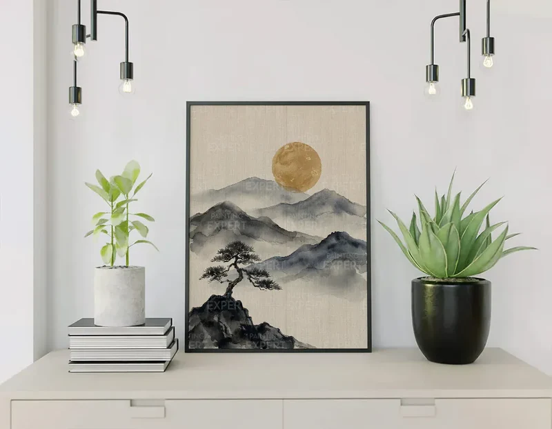 Malen nach Zahlen Berge in Tinte mit goldenem Mond Japan