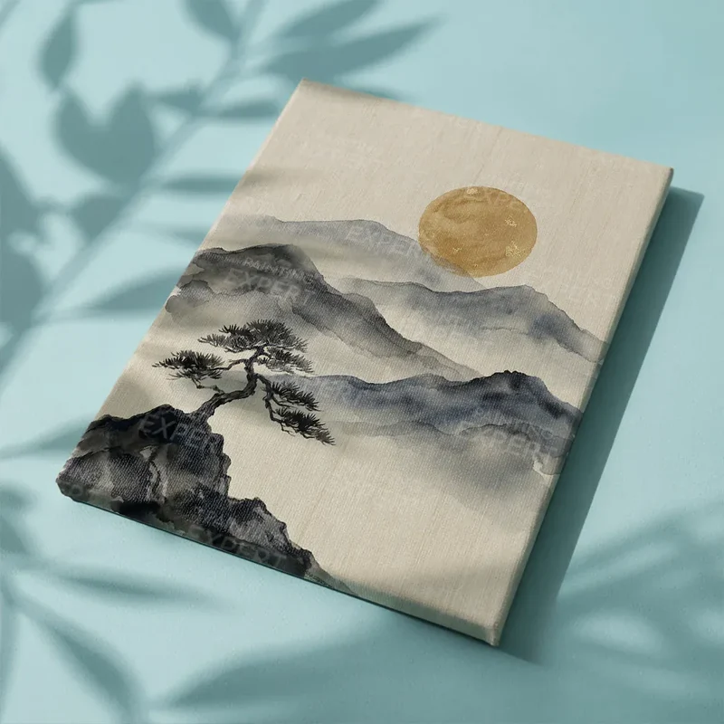 Malen nach Zahlen Berge in Tinte mit goldenem Mond Japan