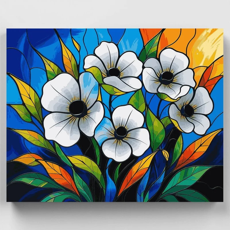 Stained Glass White Flowers - Paint by Numbers Kit