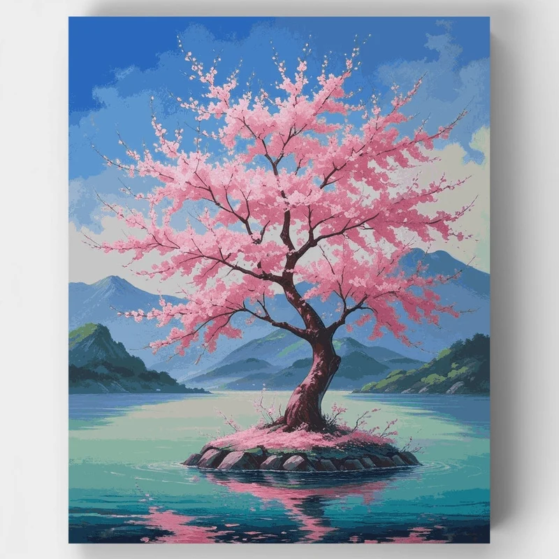 Cherry Blossom Tree on Island Lake - Paint by Numbers Kit
