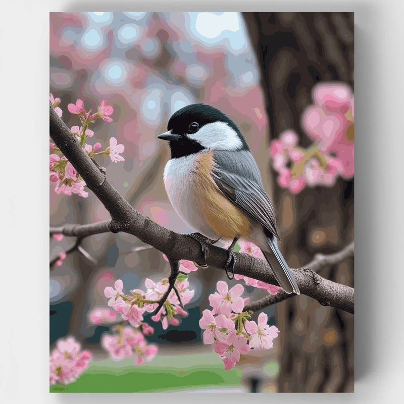 Chickadee on Cherry Blossom Branch - Paint by Numbers Kit