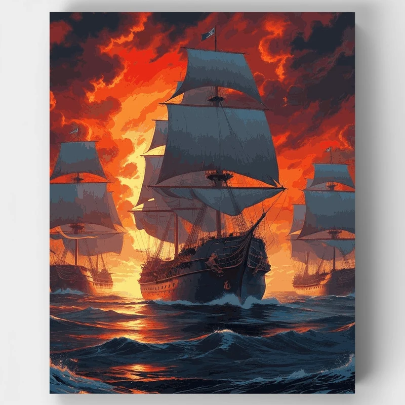 Pirates' Fleet at Sunset - Paint by Numbers Kit