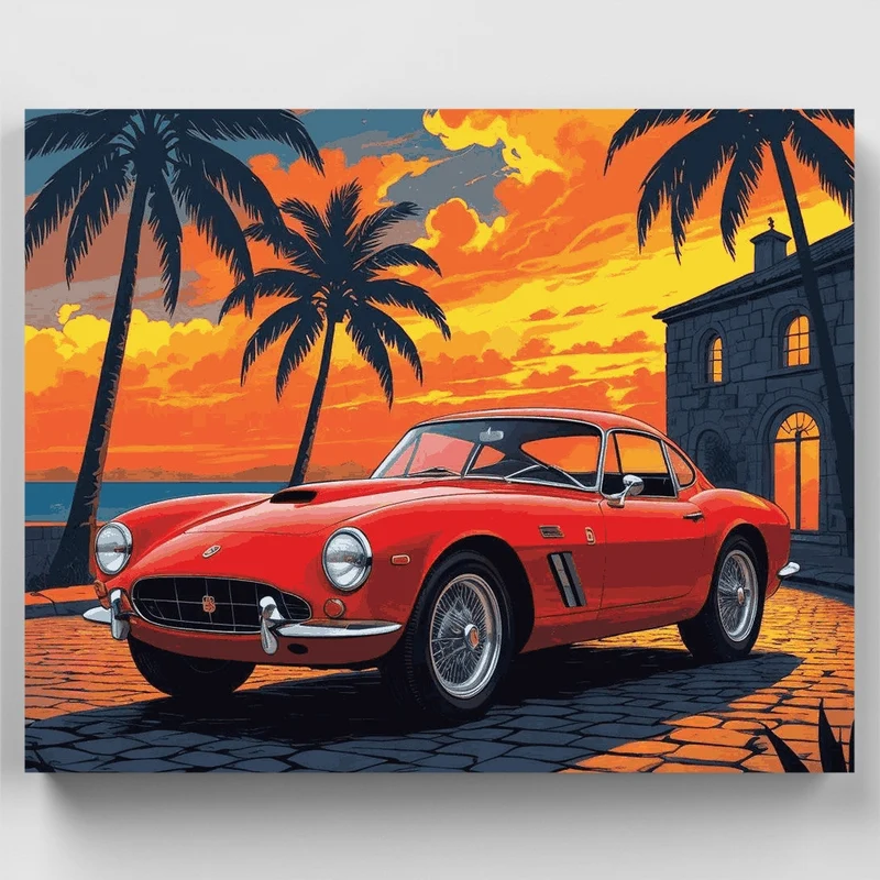 Sunset Classic Red Car - Paint by Numbers Kit