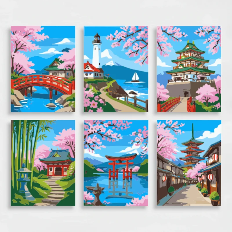 Japanese Cherry Blossom Landmarks - Mini Paint by Numbers Set