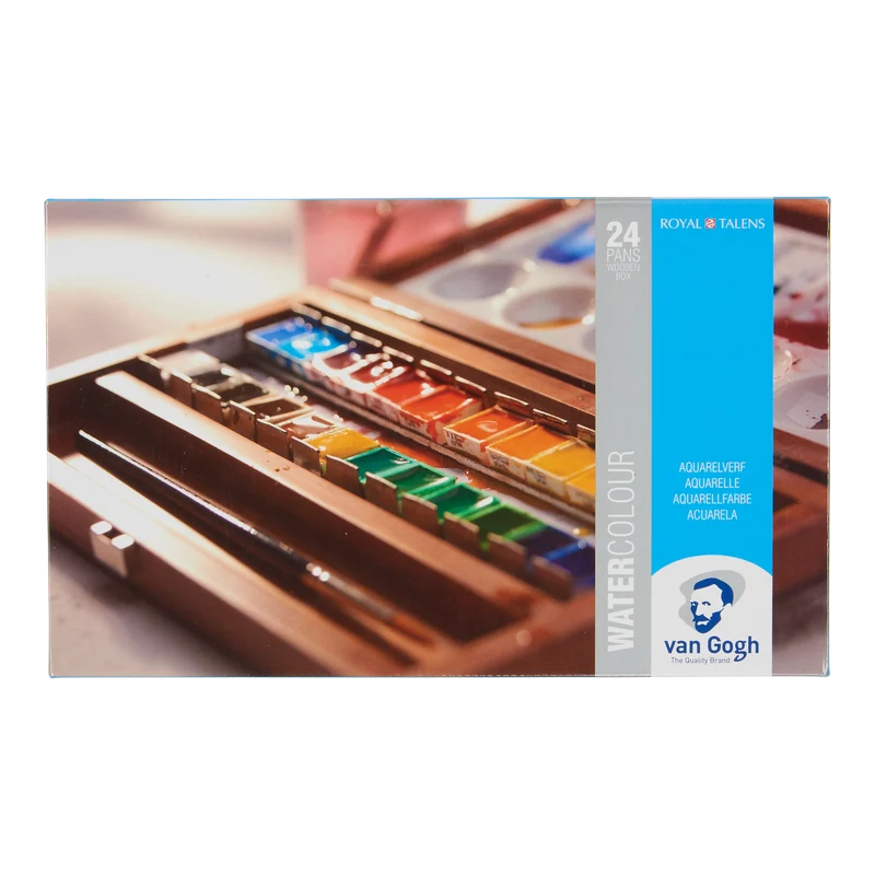 VAN GOGH Aquarell-Set Holzkasten (24 halbe Näpfchen, 3 Teile Zubehör)