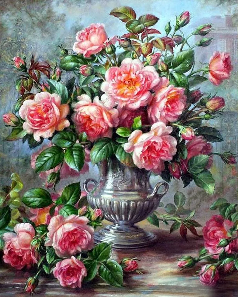 Malen nach Zahlen Rosa Blumen mit Silber Vase