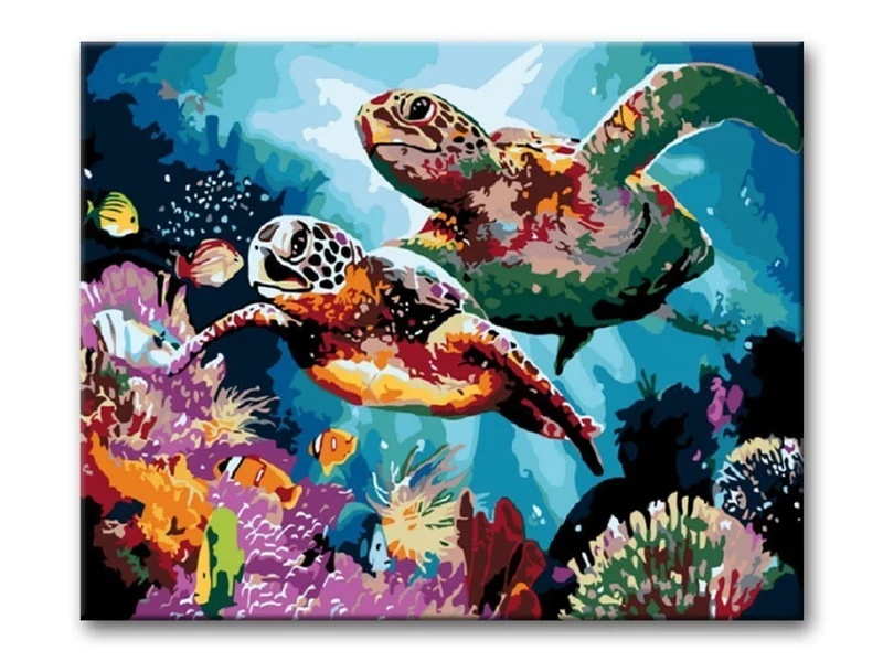 Malen nach Zahlen Schildkröten mit Fischen im Meer