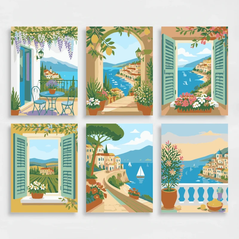 Mediterranean Coastal Windows - Mini Paint by Numbers Set