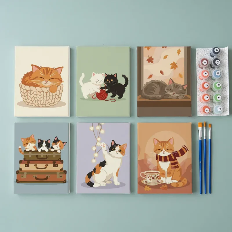 Malen nach Zahlen – 6 Mini-Gemälde - Gemütliche Kitty-Ecke