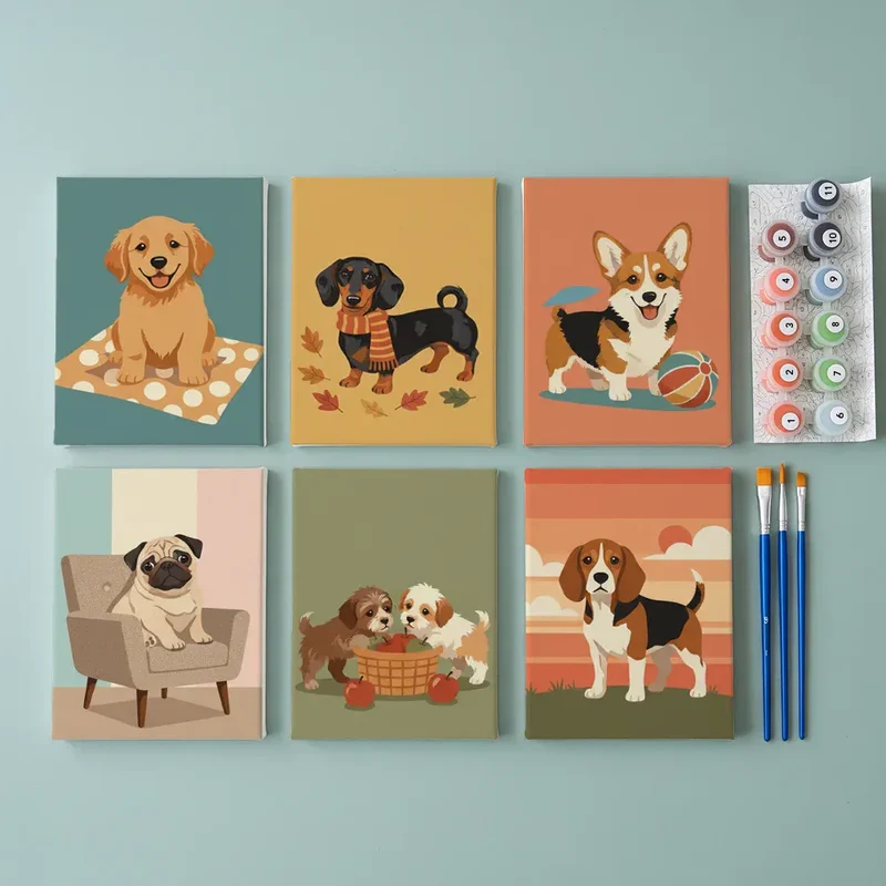 Malen nach Zahlen – 6 Mini-Gemälde - Retro Hundetage