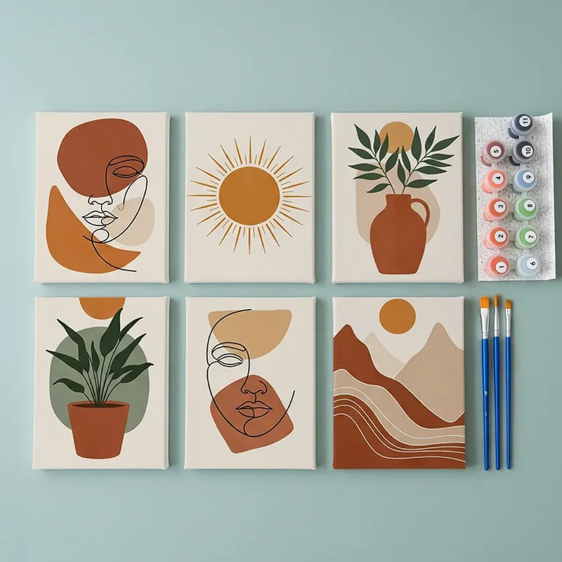 Malen nach Zahlen – 6 Mini-Gemälde - Boho Linienkunst & Natur