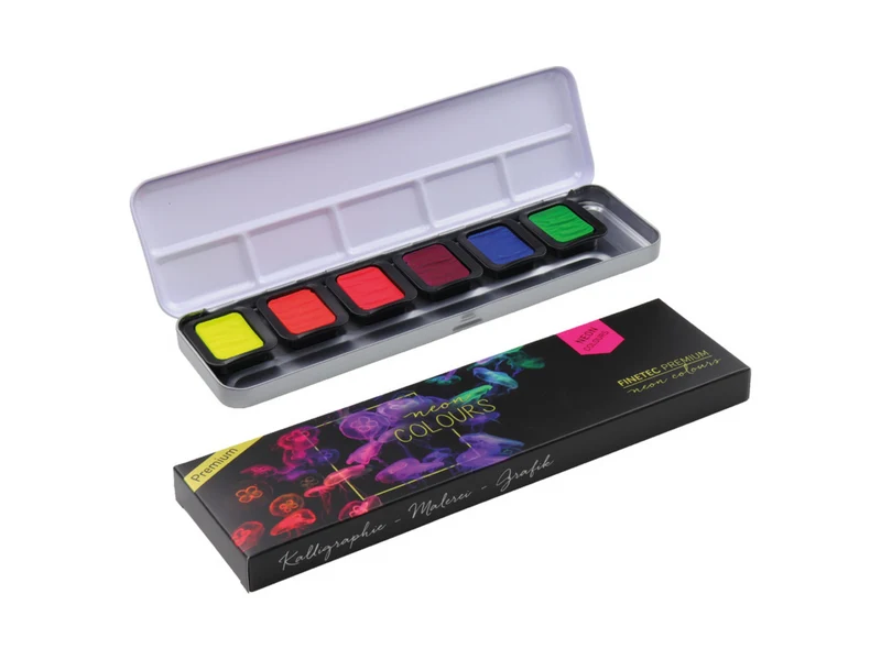 FINETEC | Perlglanzfarben Premium Neon Aquarellfarben Set 6 Näpfchen leuchtende Effektfarben