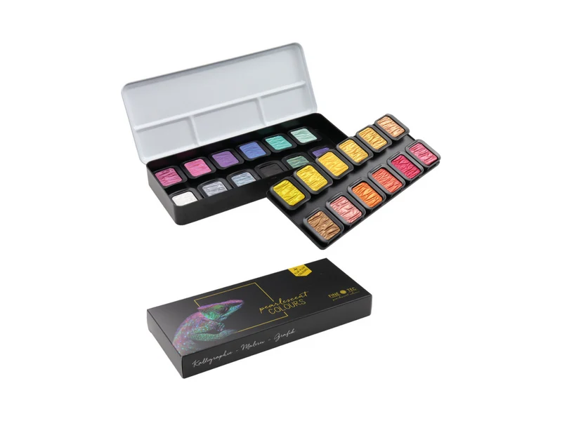 FINETEC | Perlglanzfarben Essentials Colourful Aquarellfarben Set 24 Näpfchen brillante Effektfarben