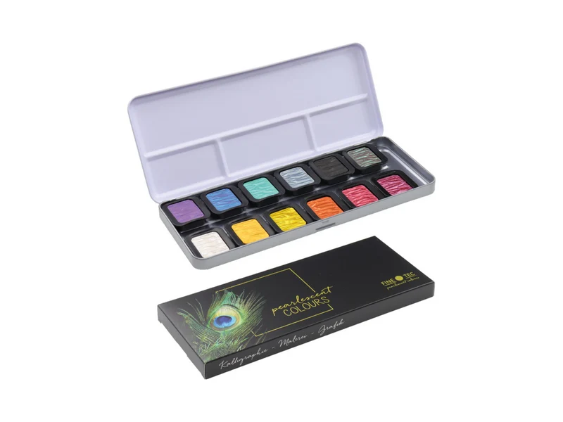 FINETEC | Perlglanzfarben Essentials Rainbow Aquarellfarben Set 12 Näpfchen intensive Glanzfarben