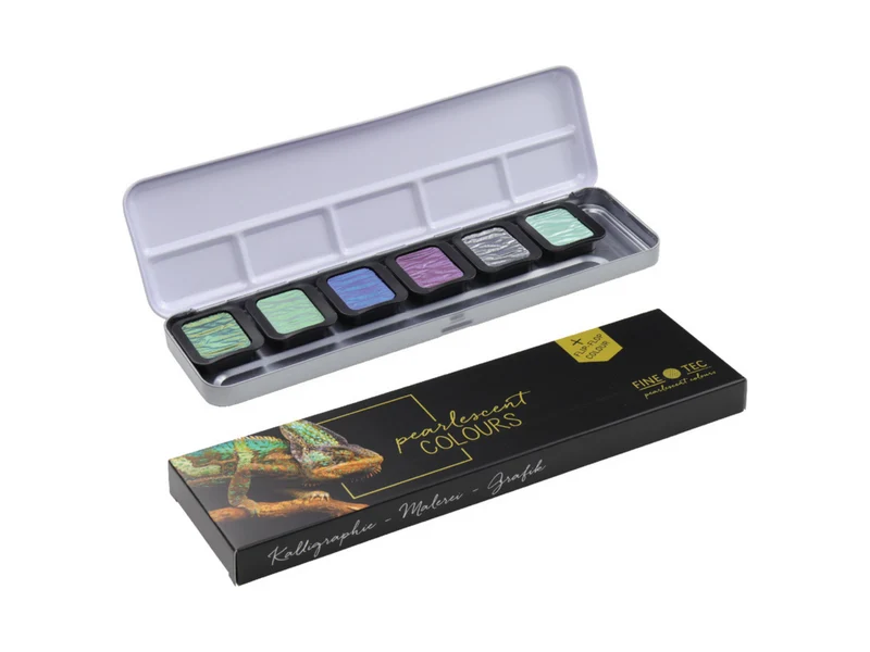 FINETEC | Perlglanzfarben Essentials Cool hochwertiges Aquarellfarben Set 6 Näpfchen Effekttöne