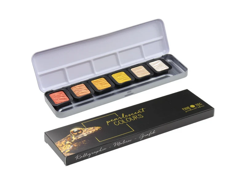 FINETEC | Perlglanzfarben Essentials Metal hochwertiges Aquarellfarben Set 6 Näpfchen Effekttöne