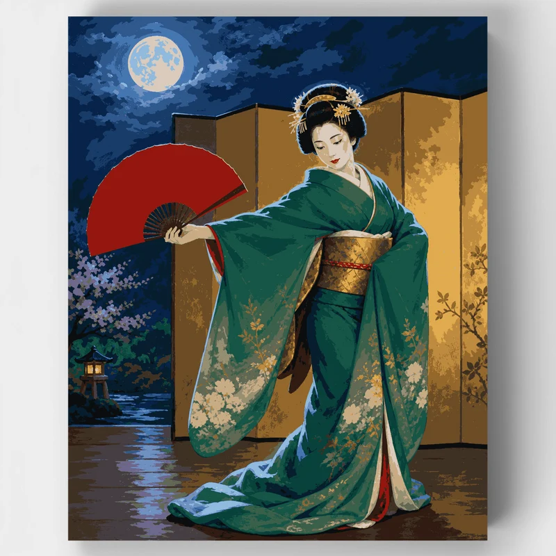 Crimson Fan Geisha - Paint by Numbers Kit