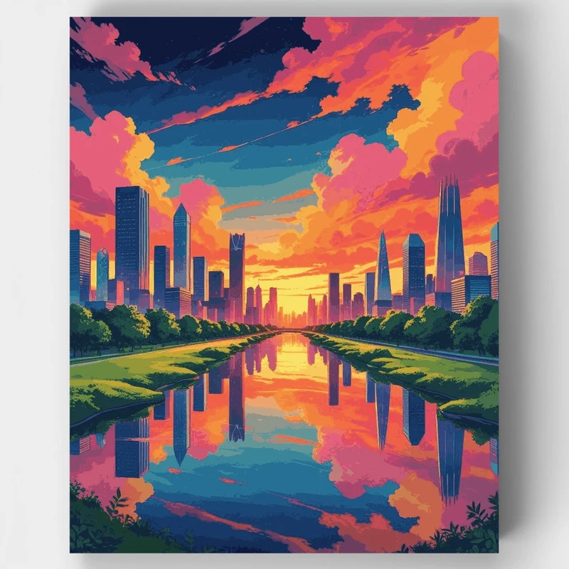 Houston Bayou Park Anime Sunset Skyline - Paint by Numbers Kit