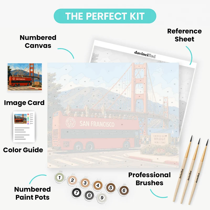 Red Tour Bus at Golden Gate - Paint by Numbers Kit