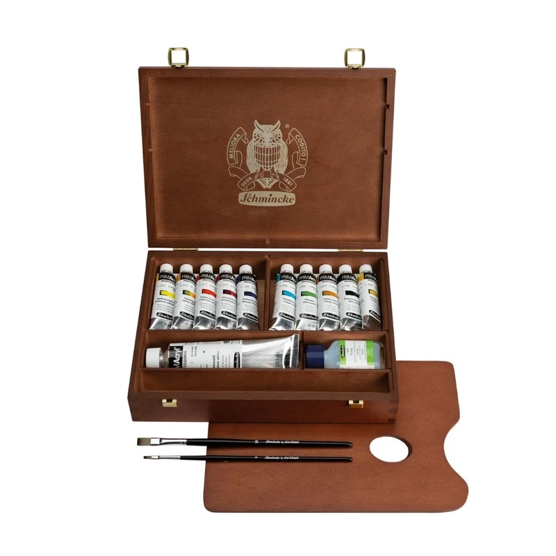 Schmincke | PRIMAcryl Holzkasten mit 10 x 35ml Tuben, Hilfsmitteln und Pinseln