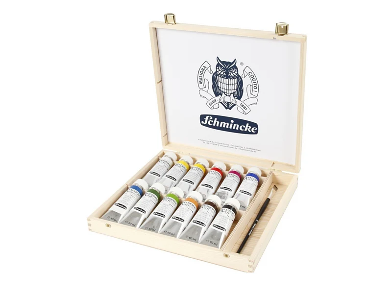 Schmincke | AKADEMIE Holzset mit 12 x 60ml Tuben und 1 Pinsel