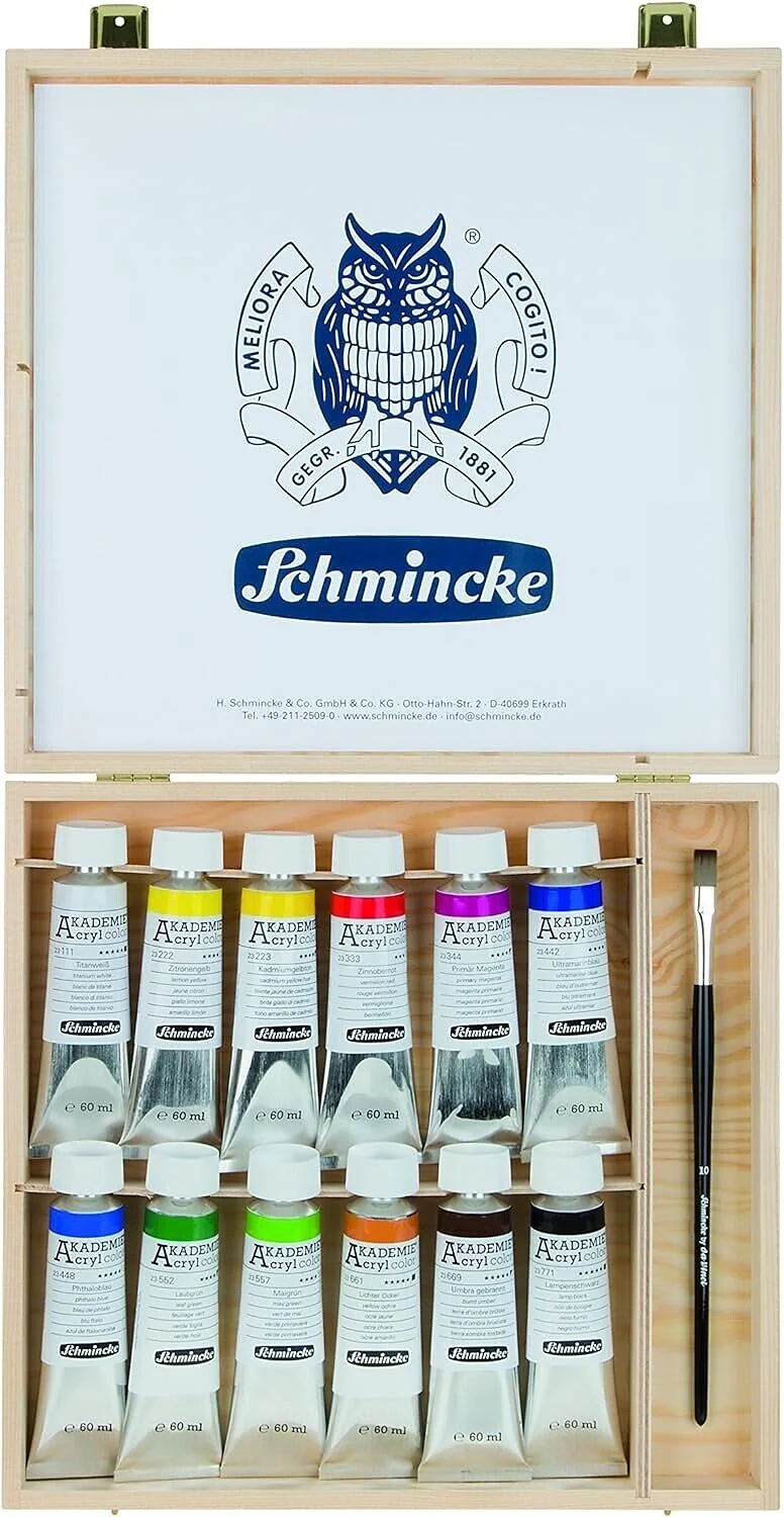 Schmincke | AKADEMIE Holzset mit 12 x 60ml Tuben und 1 Pinsel