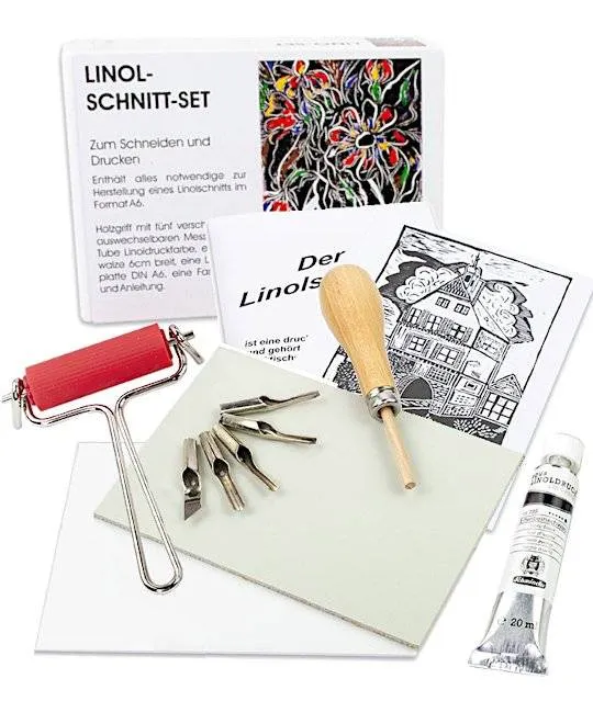 ABIG | Lino Linolschnitt Set komplett mit Werkzeug, Farbe & Linolplatte