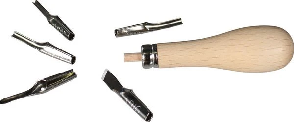 ABIG | Linolschnitt Garnitur mit Holzgriff 5 Schneidefedern & Ausstosser