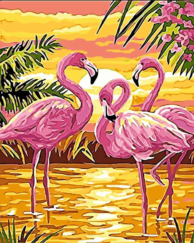Malen nach Zahlen Flamingos mit Sonnenuntergang