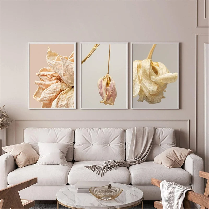 3er Poster Set Beige Blumen Wandbilder 40x50 cm