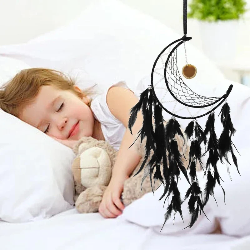 Traumfänger Feder Boho Wandbehang Schwarz - Handgefertigter Traumfänger