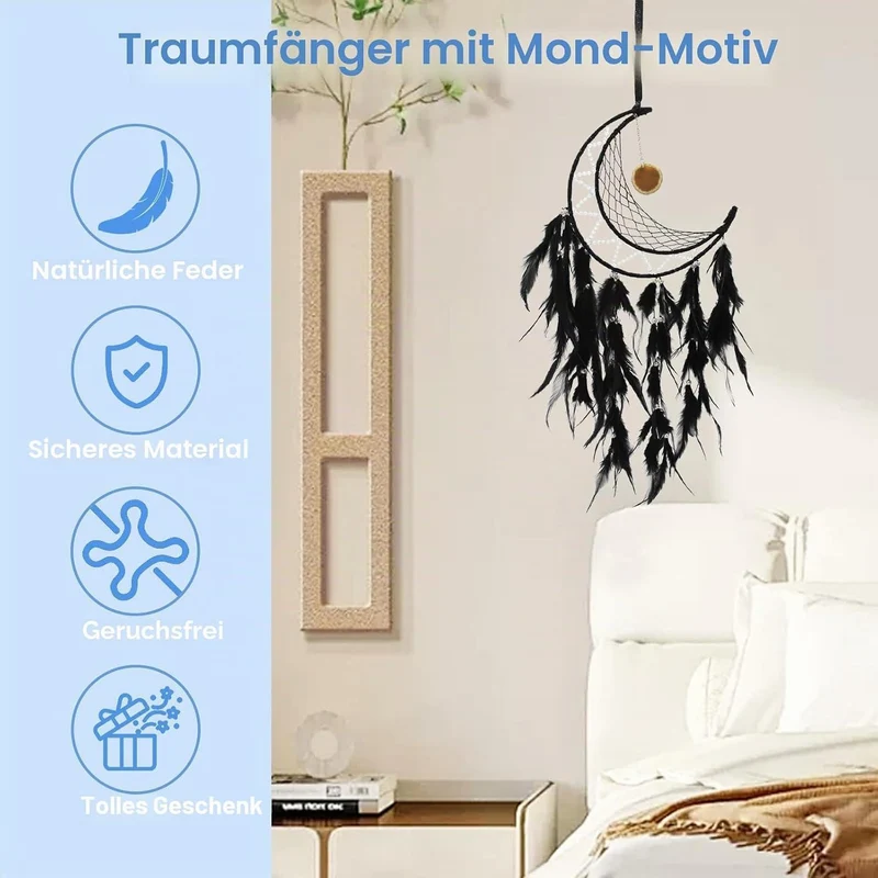 Traumfänger Feder Boho Wandbehang Schwarz - Handgefertigter Traumfänger