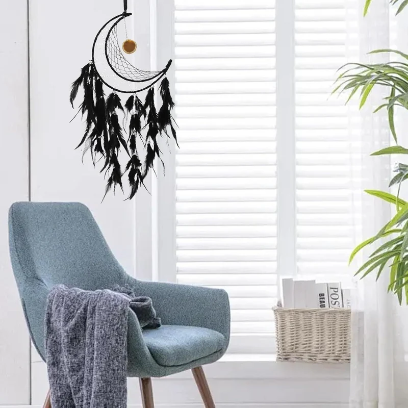 Traumfänger Feder Boho Wandbehang Schwarz - Handgefertigter Traumfänger